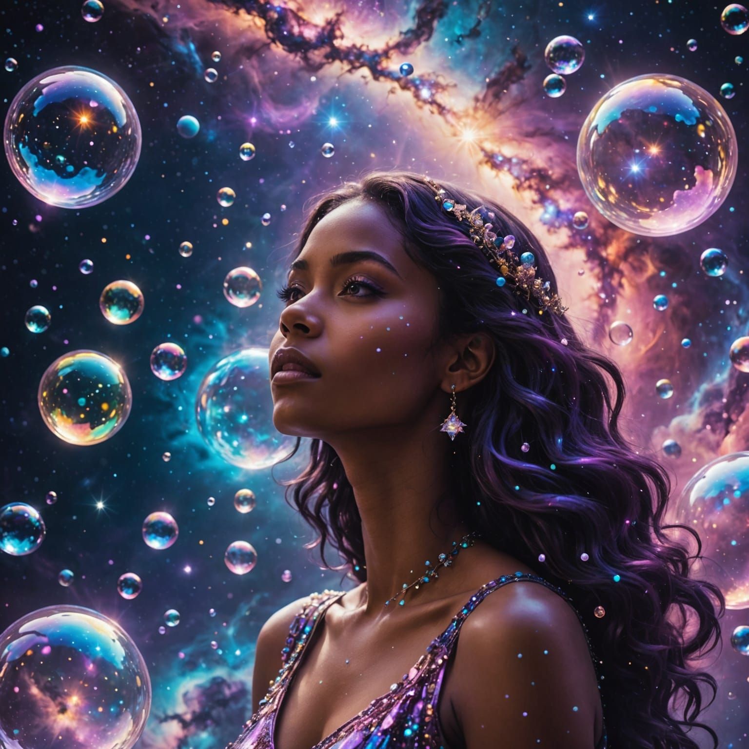 *A surreal, cinematic scene set in a cosmic dreamscape. Floating bubbles shimmer in every celestial body, ...  by @_me_dinka_
