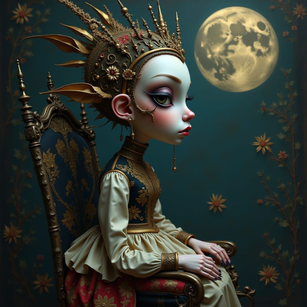 <lora:Baroque Quirky Flux:1.0> victorian midnight moon queen