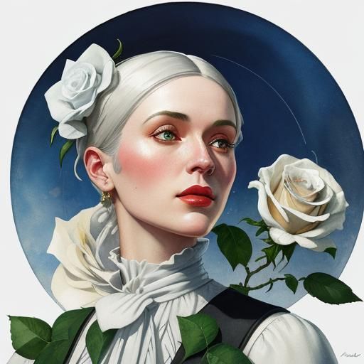 Close up of a white rose, watercolor, modern in style of Norman Rockwell 