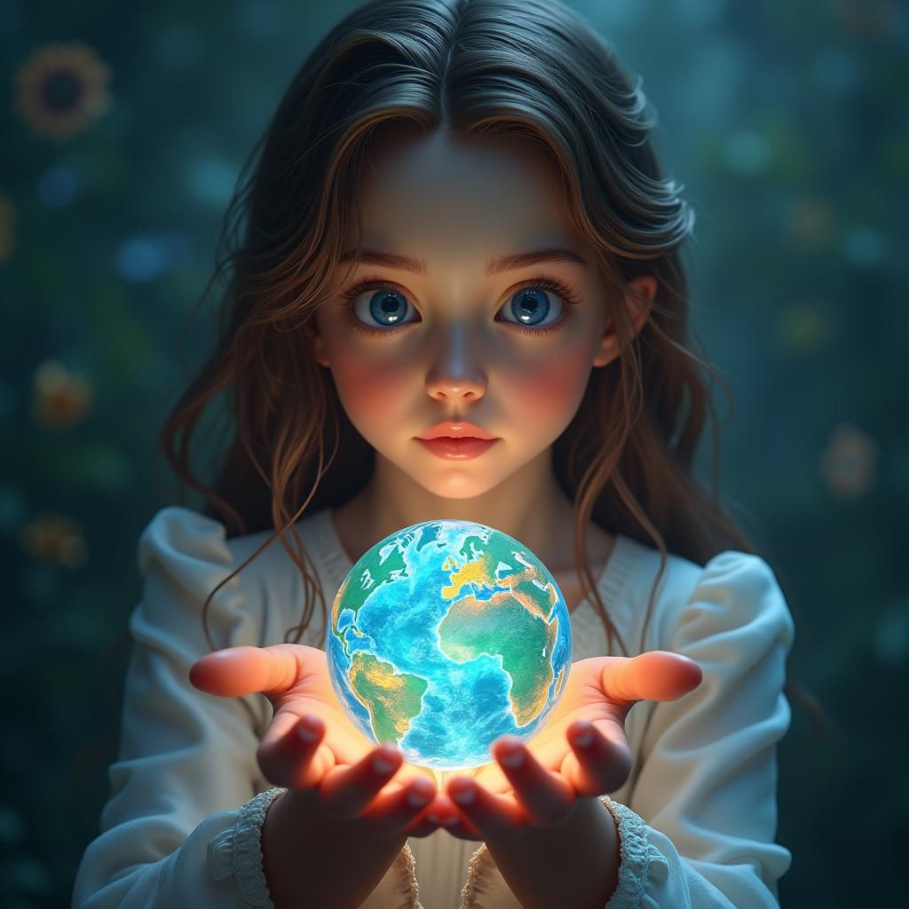 Opal Girl Holds Earth: Detailed Matte Painting