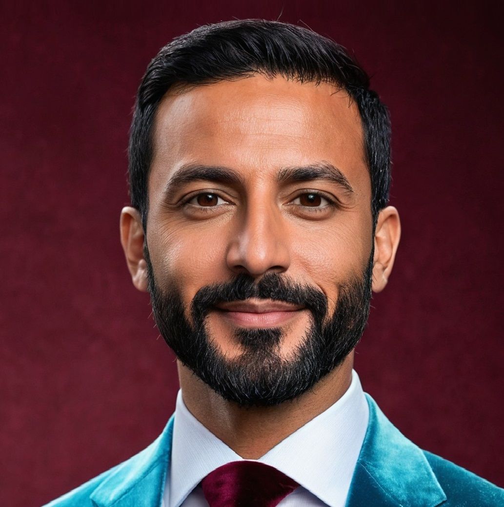 A handsome bearded man wearing a blue velvet suit with shirt...