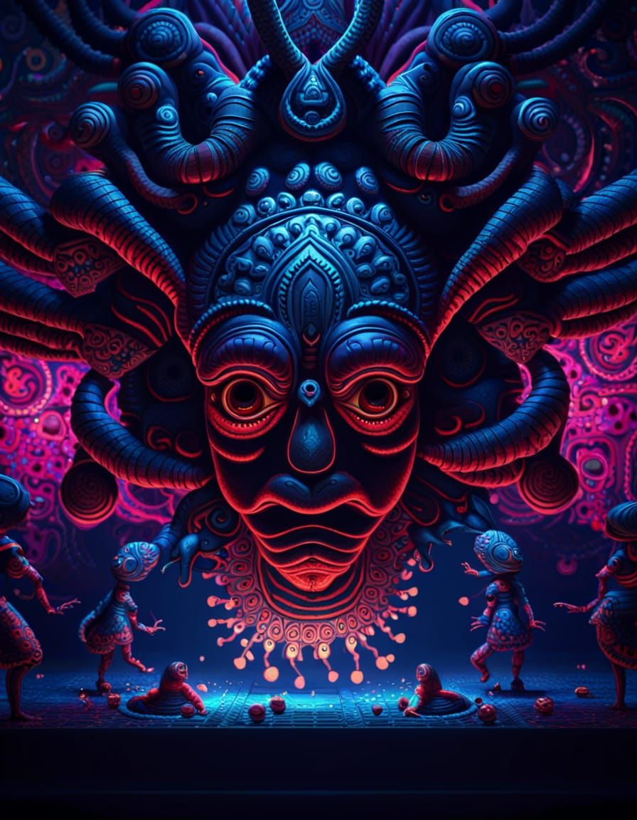 A psychedelic trippy Indian theyyam ritual dance in the cent...
