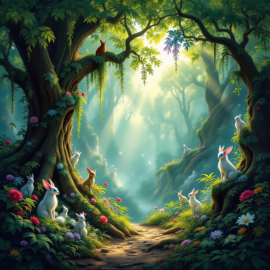 The style is hyperrealistic fantasy art, with intricate details and a dreamlike atmosphere, reminiscent of the works of Josephine Wall and B...