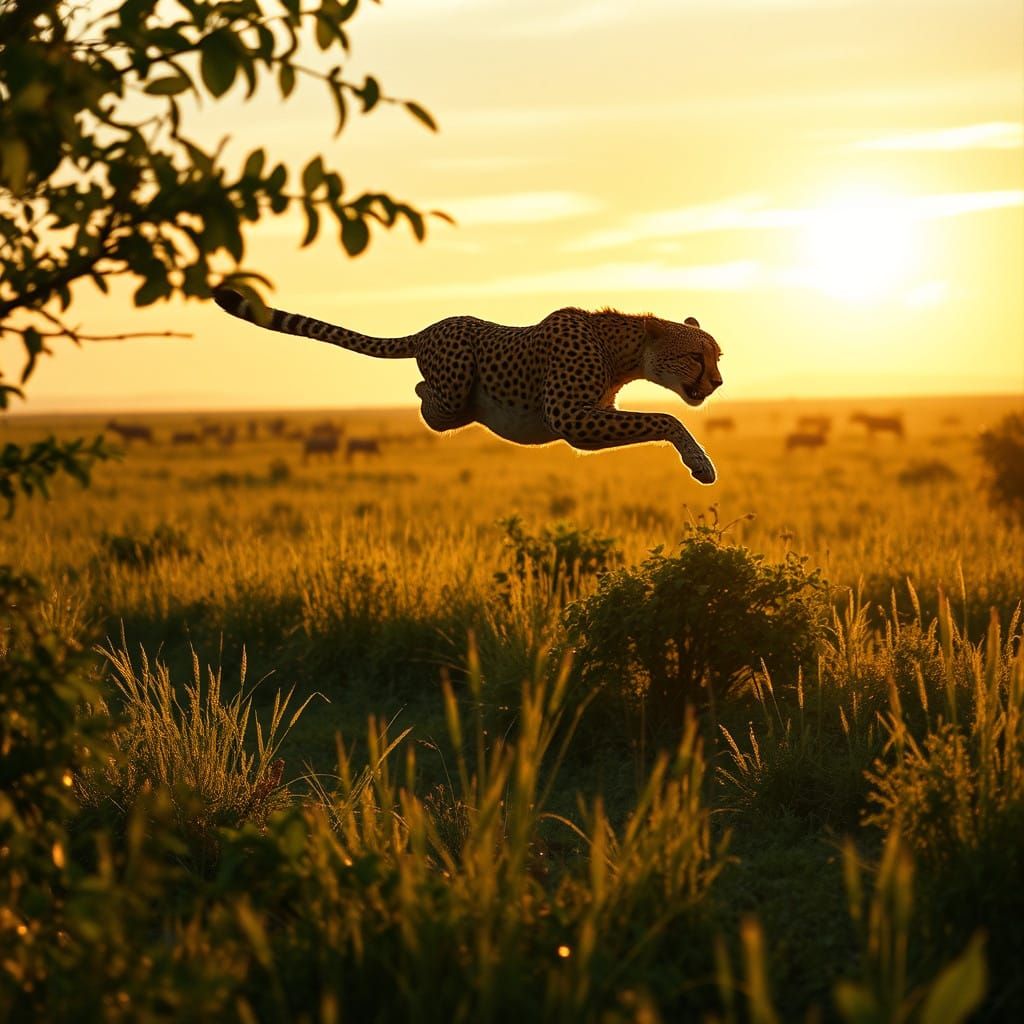 A Cheetah Leaps Through the Lush Savannah