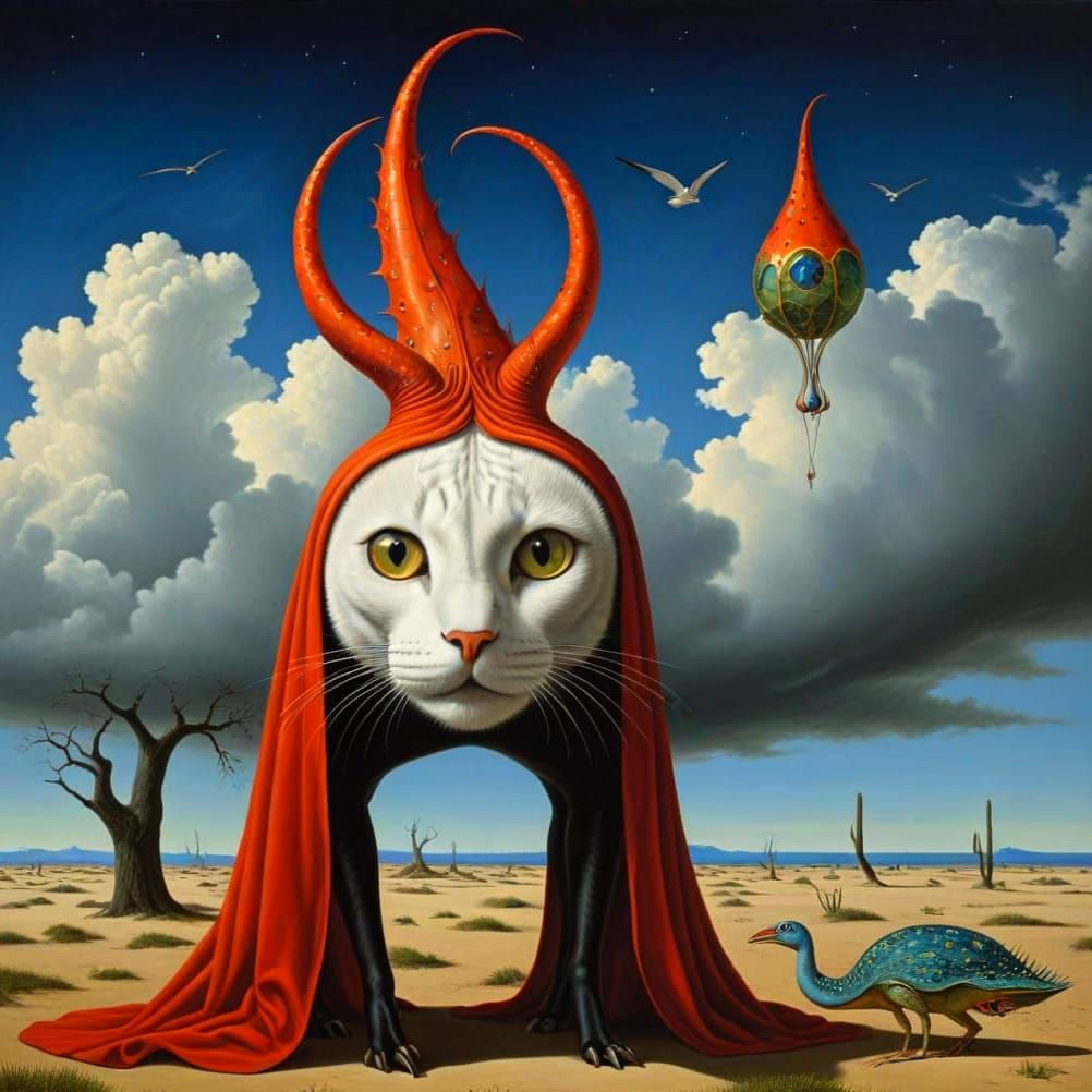 Surreal Woman with Fantastic Animals in Dream Landscape