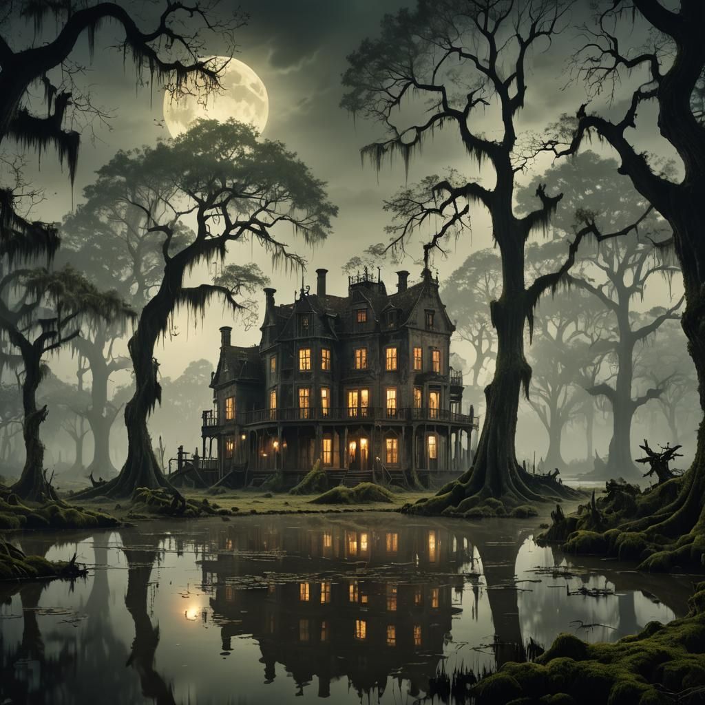 Haunted Mansion in the Louisiana bayou at night.  by @Wildlife51