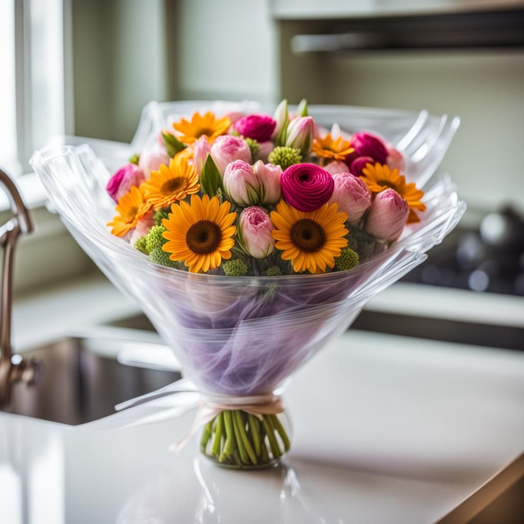 Bouquet of flowers in a cellphane wrap on a kitchen counter,...