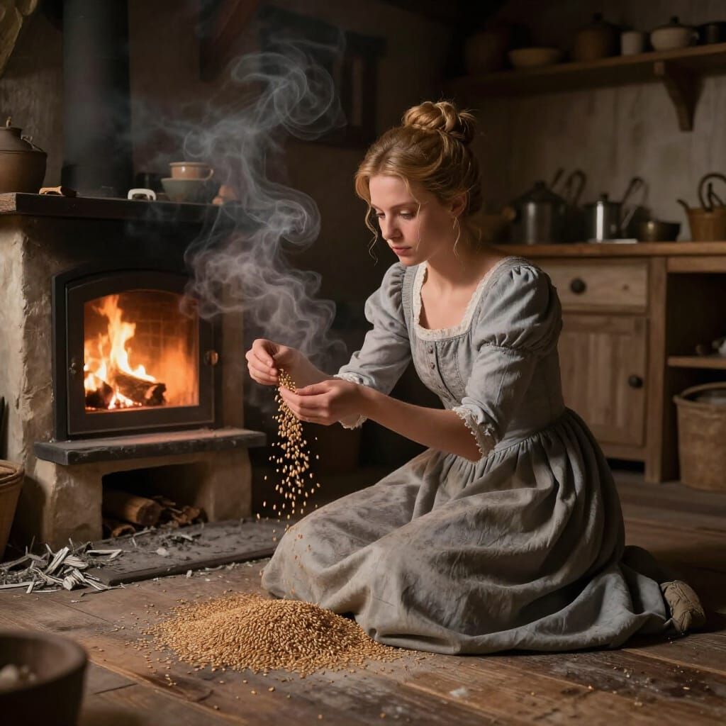 Cinderella sitting on the floor next to the wood stove in dark lit kitchen sorting grain from ash  by @MG