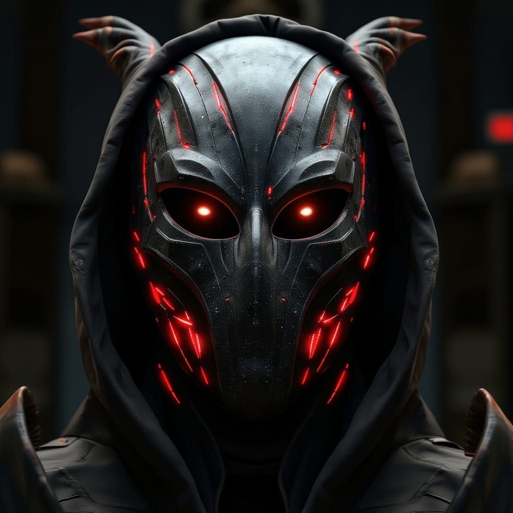 <lora:MJ6 FluxMasks:1.0> Shadow Sentinel: A mask shaped like a fearsome creature of the night, with dark, shadowy features that seem to come...