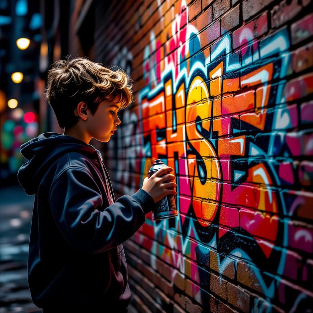 Young Artist Creates Vibrant Graffiti in Dim Alleyway