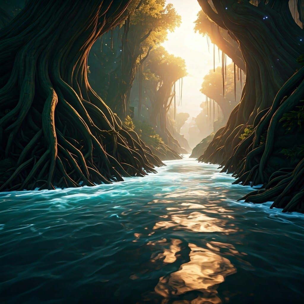 Mystical River in a Lush, Vibrant Realm, as Unreal Engine 5....