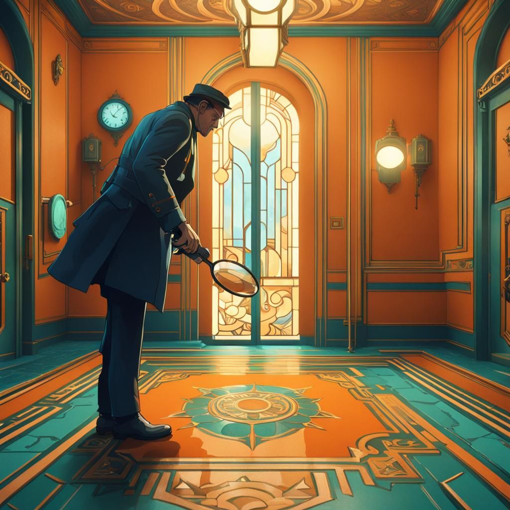 Detective holding a magnifying glass, enters an Art Deco roo...