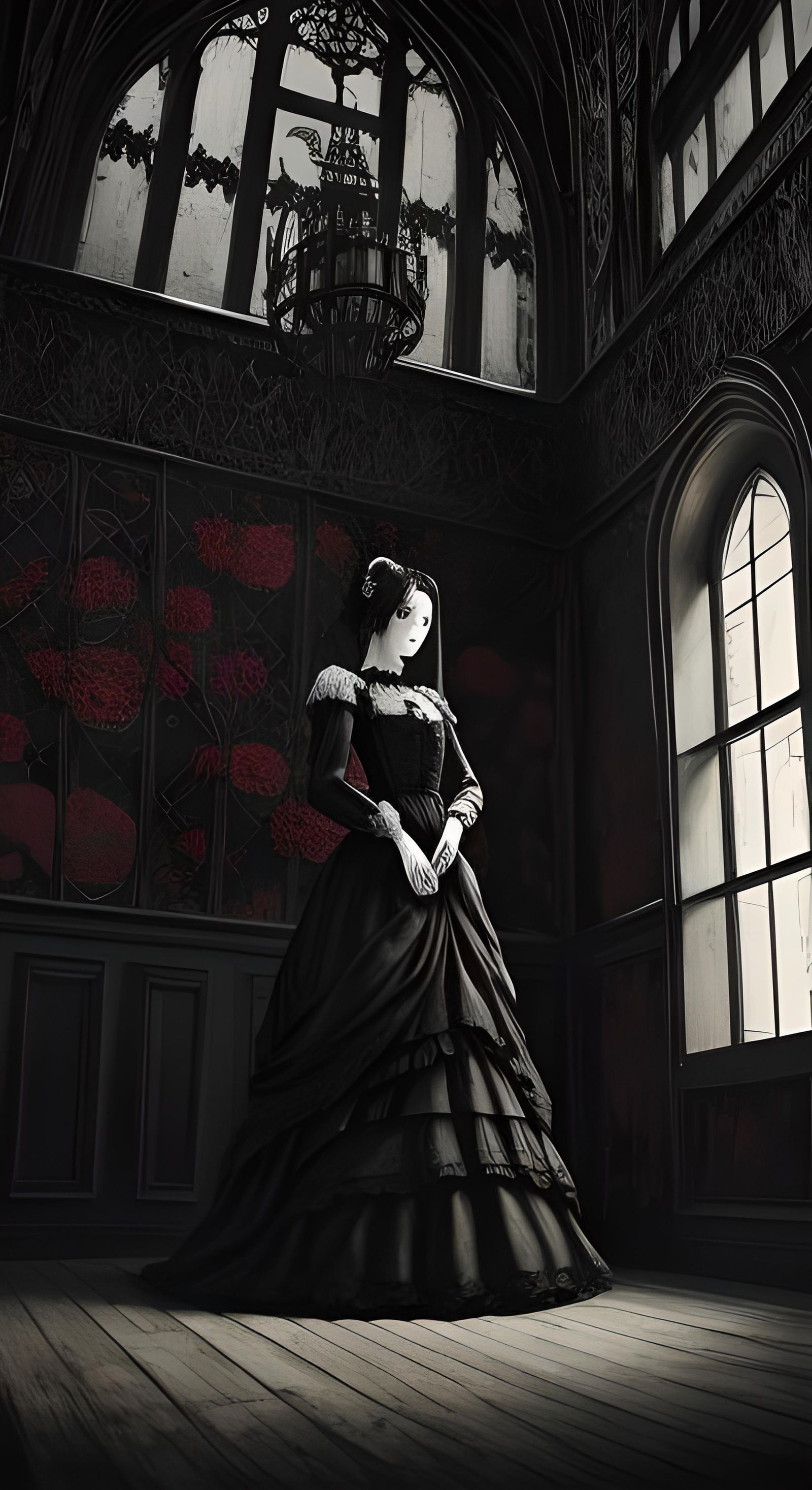 gothic haunted house house and black kitten and his misstress Banksy