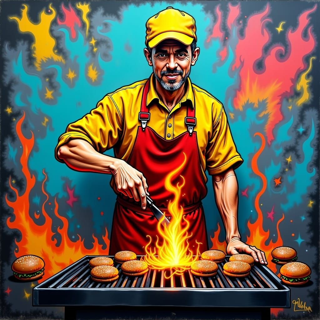  <lora:GraffitiPiece FL:1.0> A worker in a brightly colored uniform, flipping burgers over a sizzling grill.