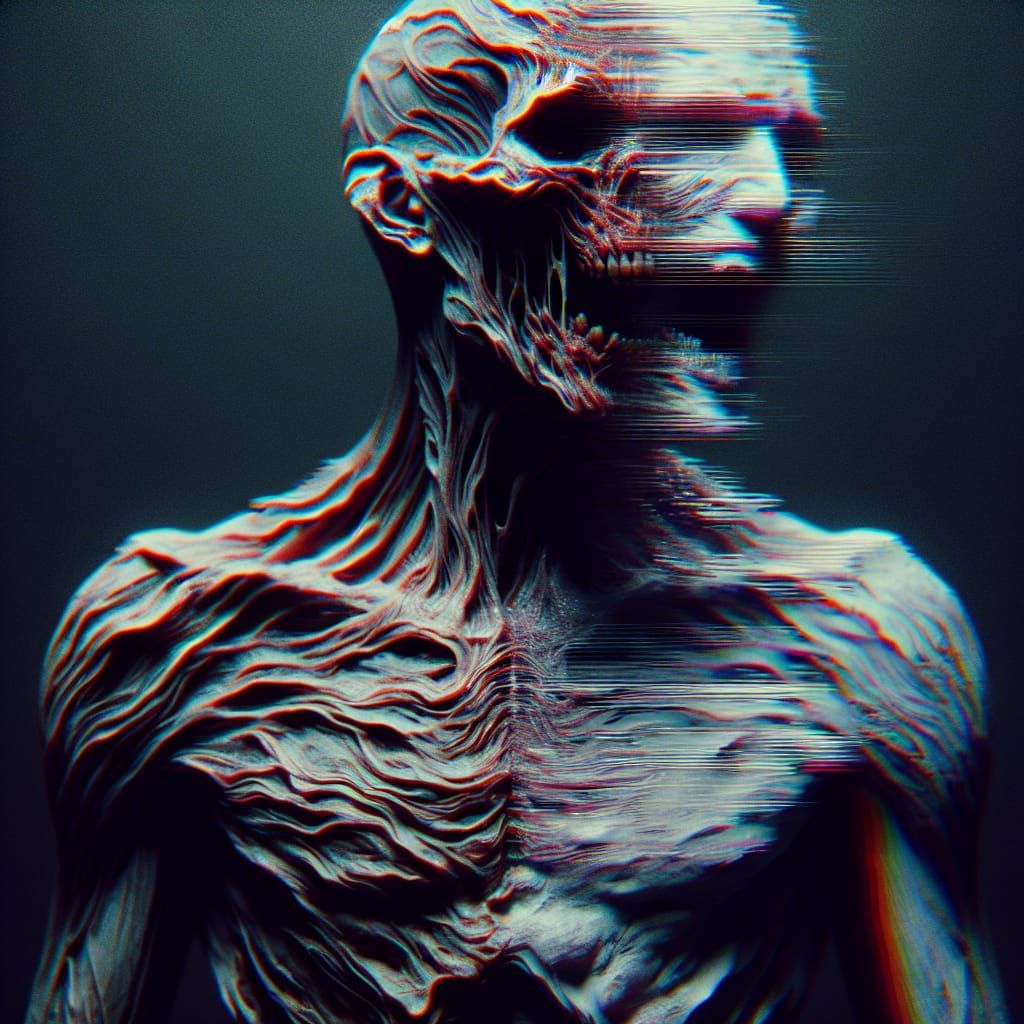 Distorted Humanoid Figure in Grotesque Glitch Art