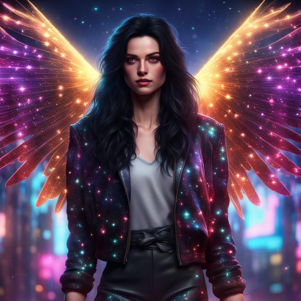 hyperrealistic  Cool 80s margo robbie, very long black hair....