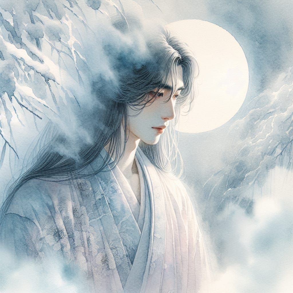 Ethereal Young Man in Dreamlike Ukiyo-e Scene