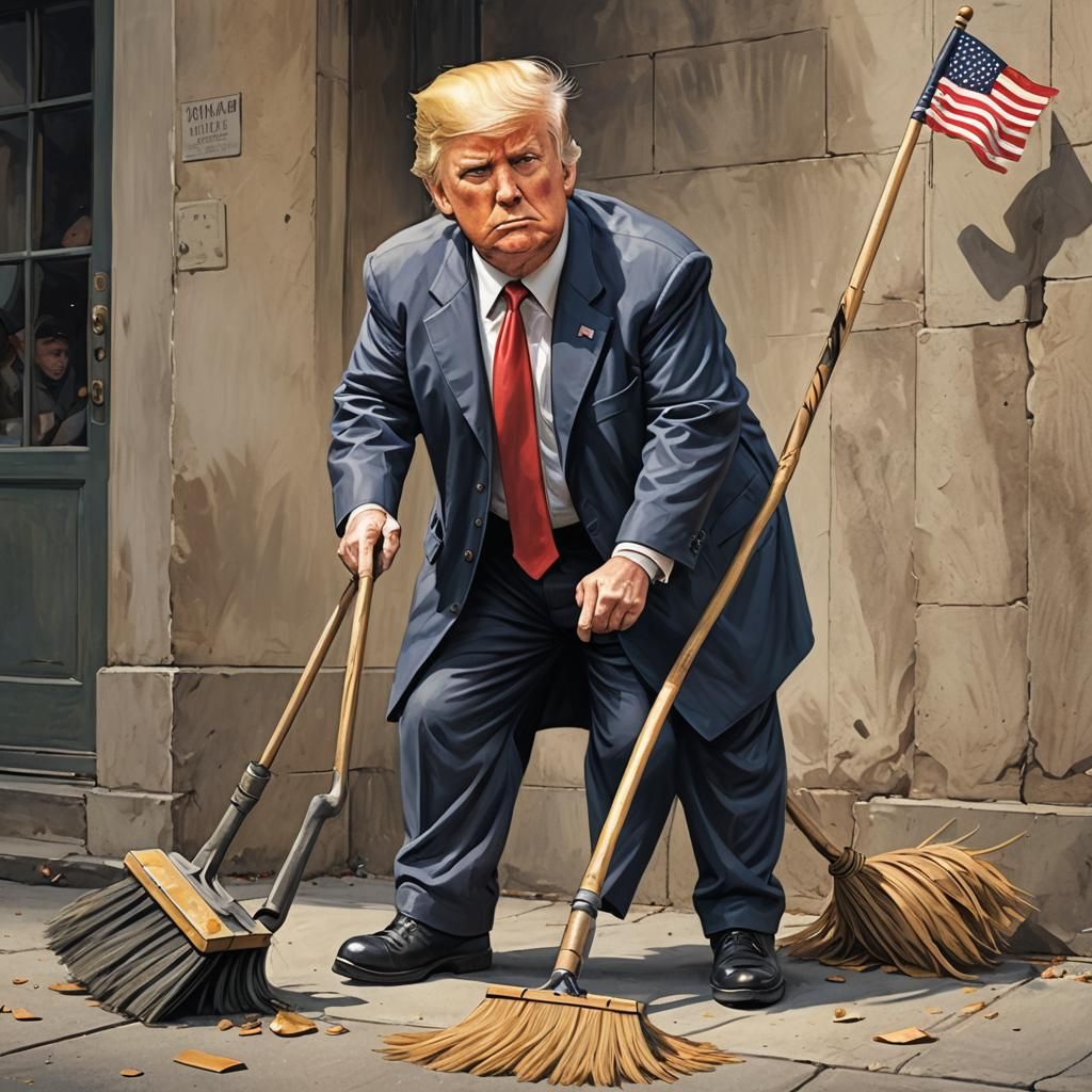 Satirical Trump as Street Sweeper Illustration