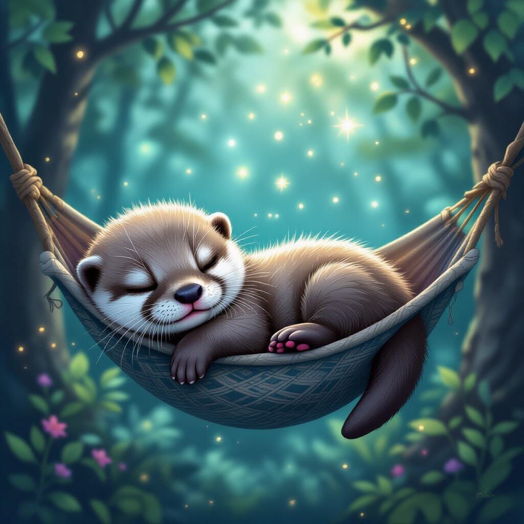 A cute adorable sleeping baby otter.  It is in a hammock between two trees. It is early night, the atmosphere is filled by magical paticles ...