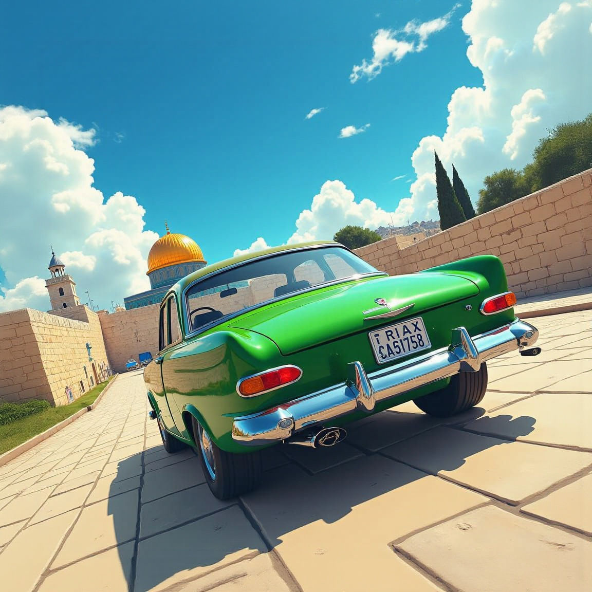 Green Vehicle in Jerusalem: 3D Anime Art