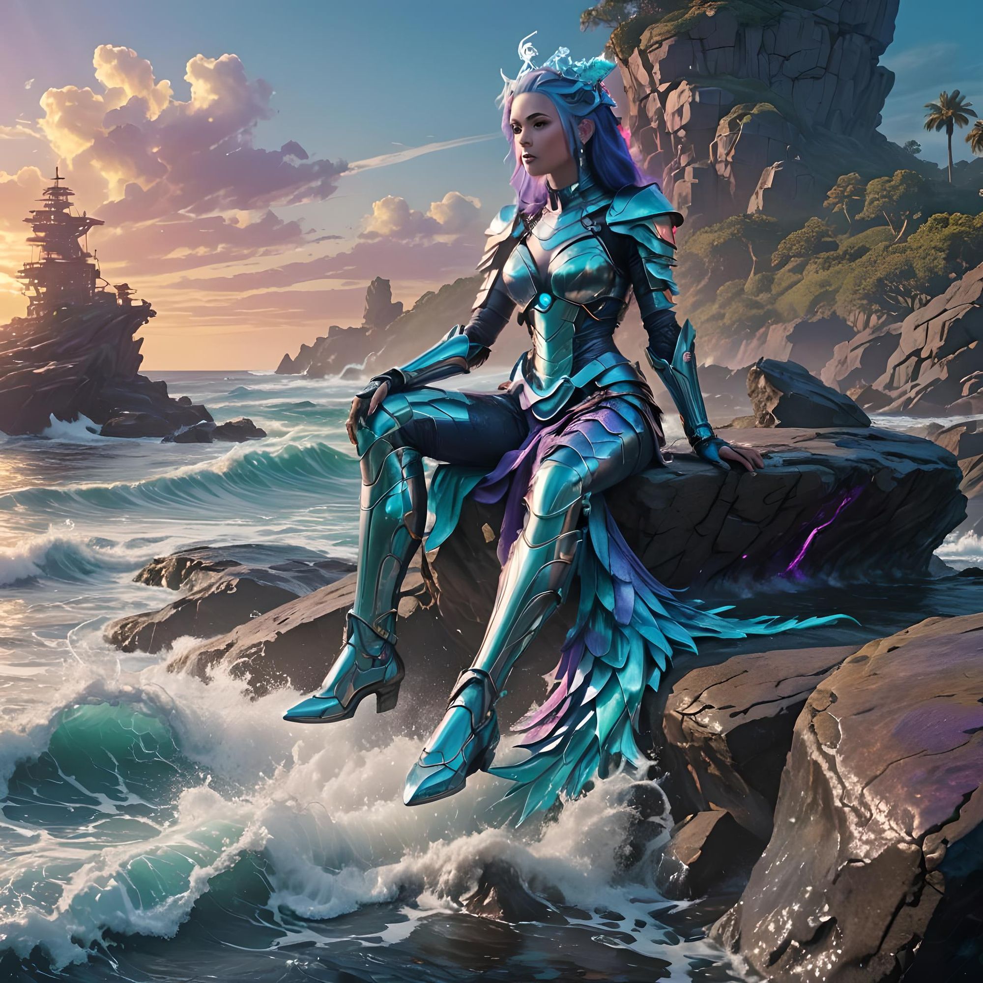 Show cybermaid sitting on a rock at sea at 