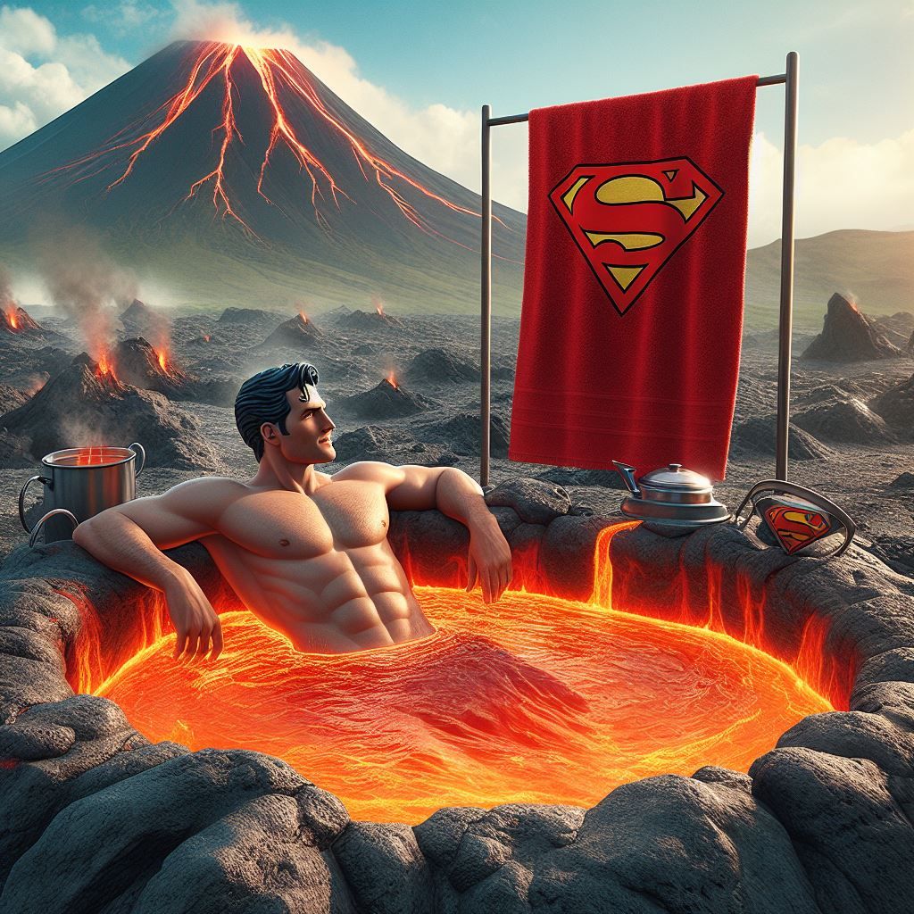 Superman relaxing in lava volcano jacuzzi