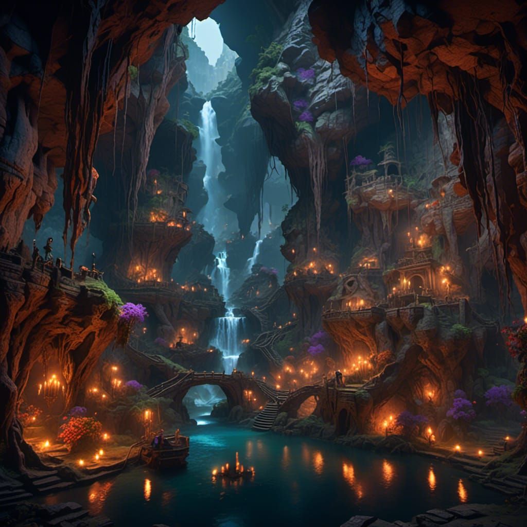 caverns underground <lora:fae wild:1.0> monster, waterfall