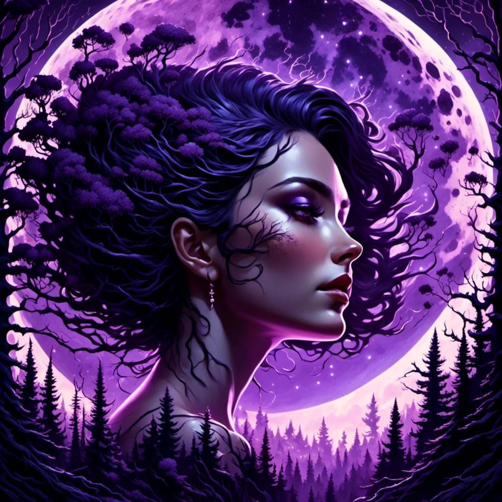 A Gorgeous portrait of a woman, purple forest backdrop, large moon, moonstorm, Insanely detailed, <lora:MoonStorm:1.0>