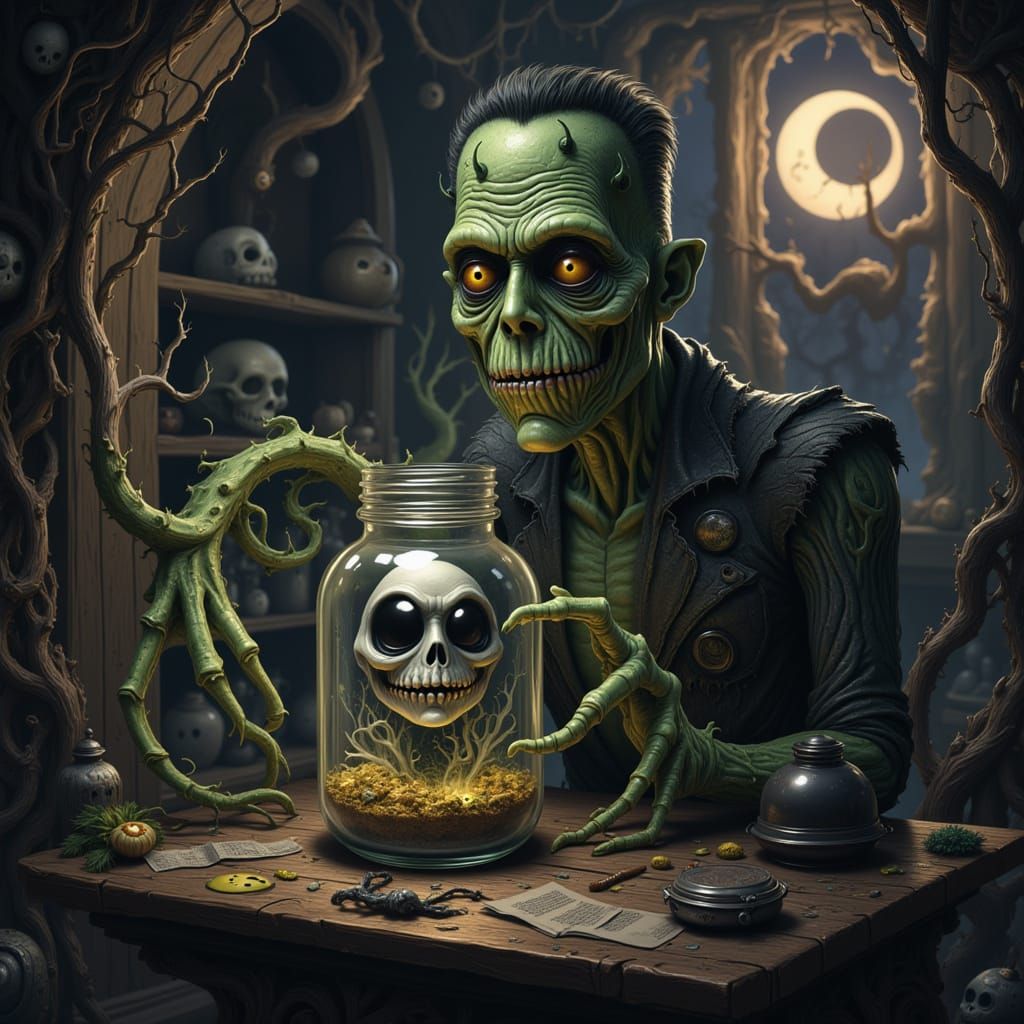 a creepy Frankenstein monster in a wicked room, holding a glass jar with Tim Burtons Jack Skellington inside, <lora:Creepy Stuff:0.5>
