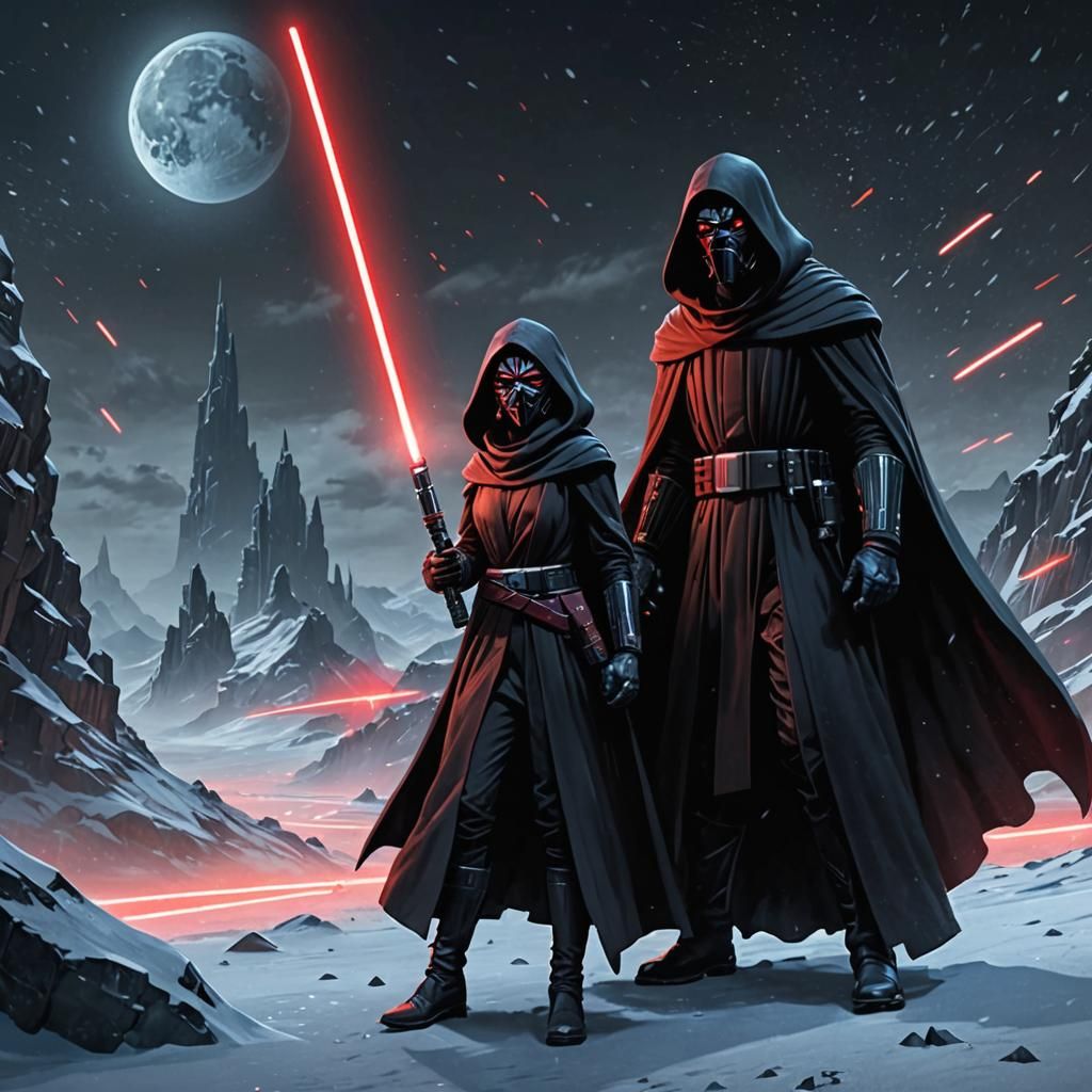 A Sith master dressed in long dark robes,boots,gloves with cowl ...