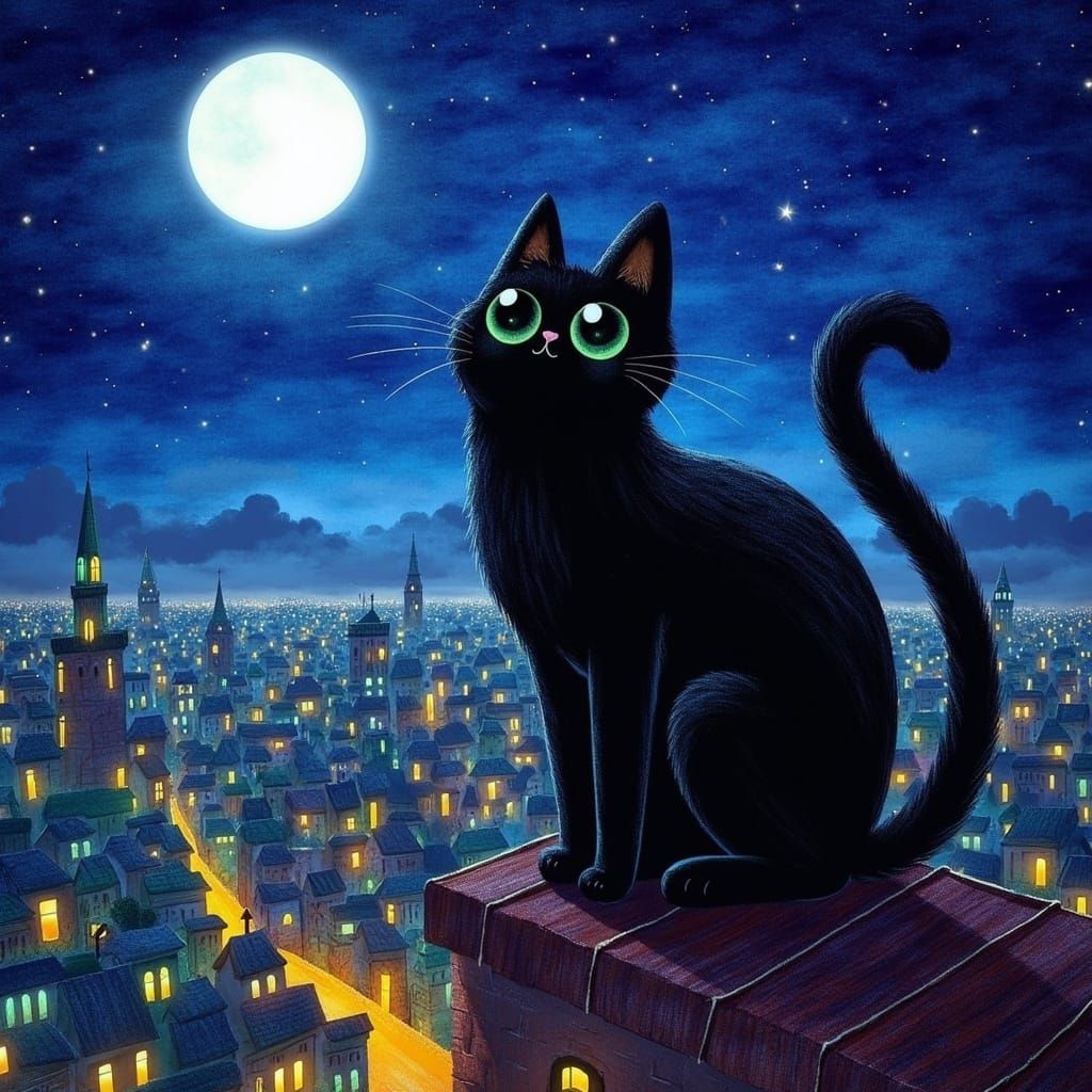 <lora:GATOS:1.0> a giant black cat sitting on a rooftop, moongazing, lights of the city below, children's illustration, acrylic paint,in the...