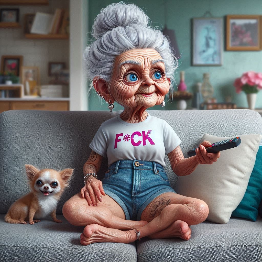 Cute stylish granny watching TV with her chihuahua
