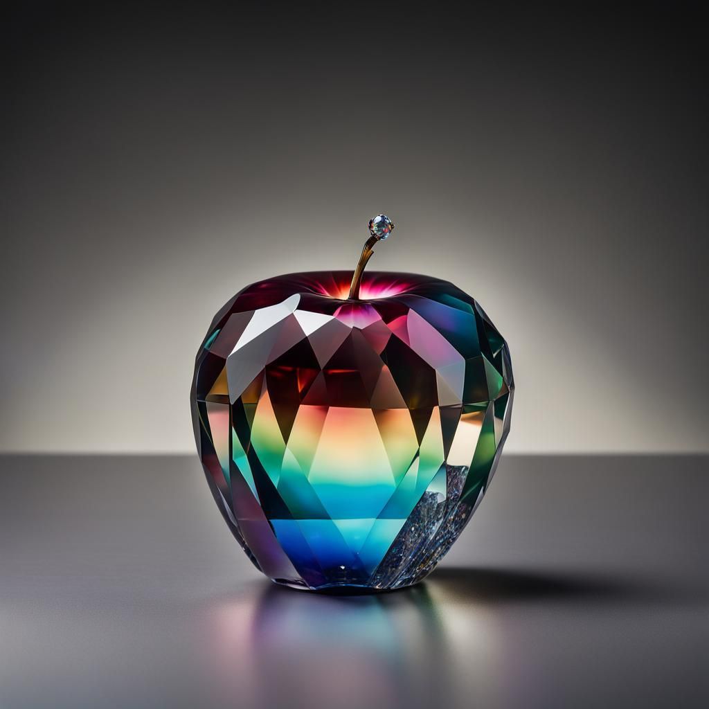 A polished crystal apple, facets refracting like tiny diamonds, rests ...