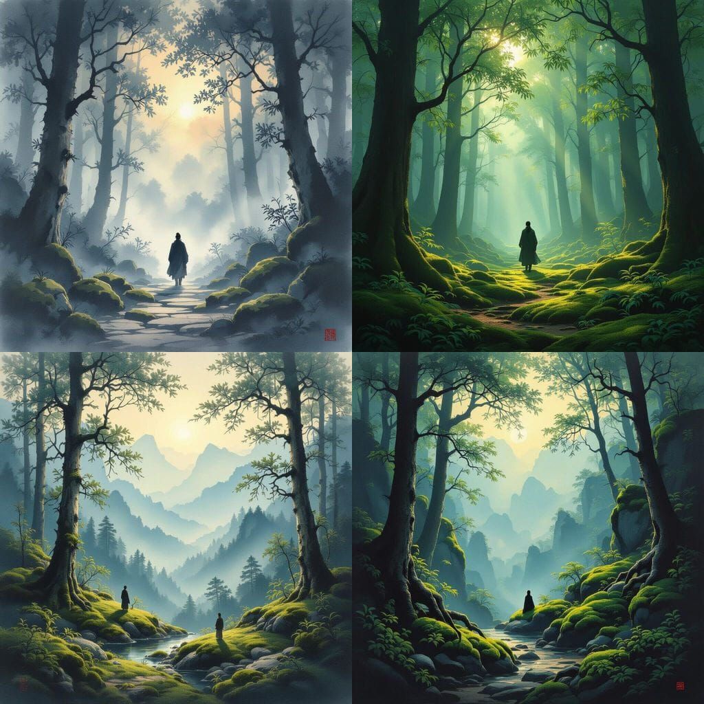 Ancient Chinese Poem Landscape with Sunlight on Moss