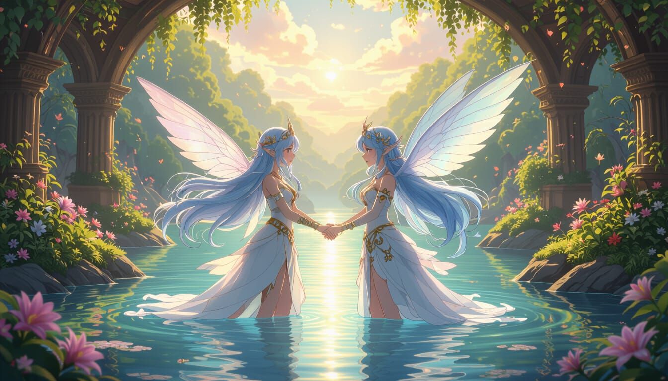 an undine and a sylph join hands over a majestic fantasy lake inside a lush colorfould gove. their union is blessed by the queen of spirits ...