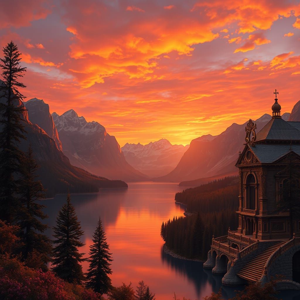 sunset at a lake in the mountains, rococohorror style,