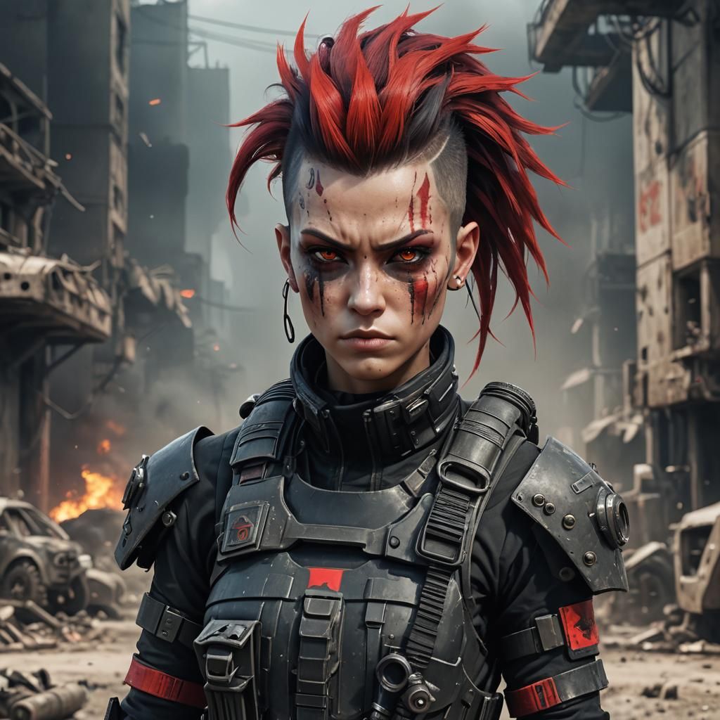 Female with bright red mohawk and bright red eyes wearing black ...