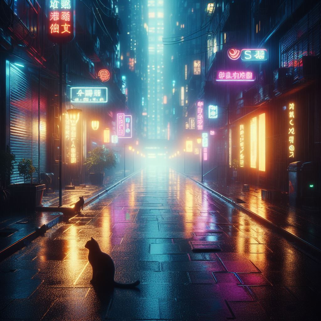 cyberpunk city street, cat