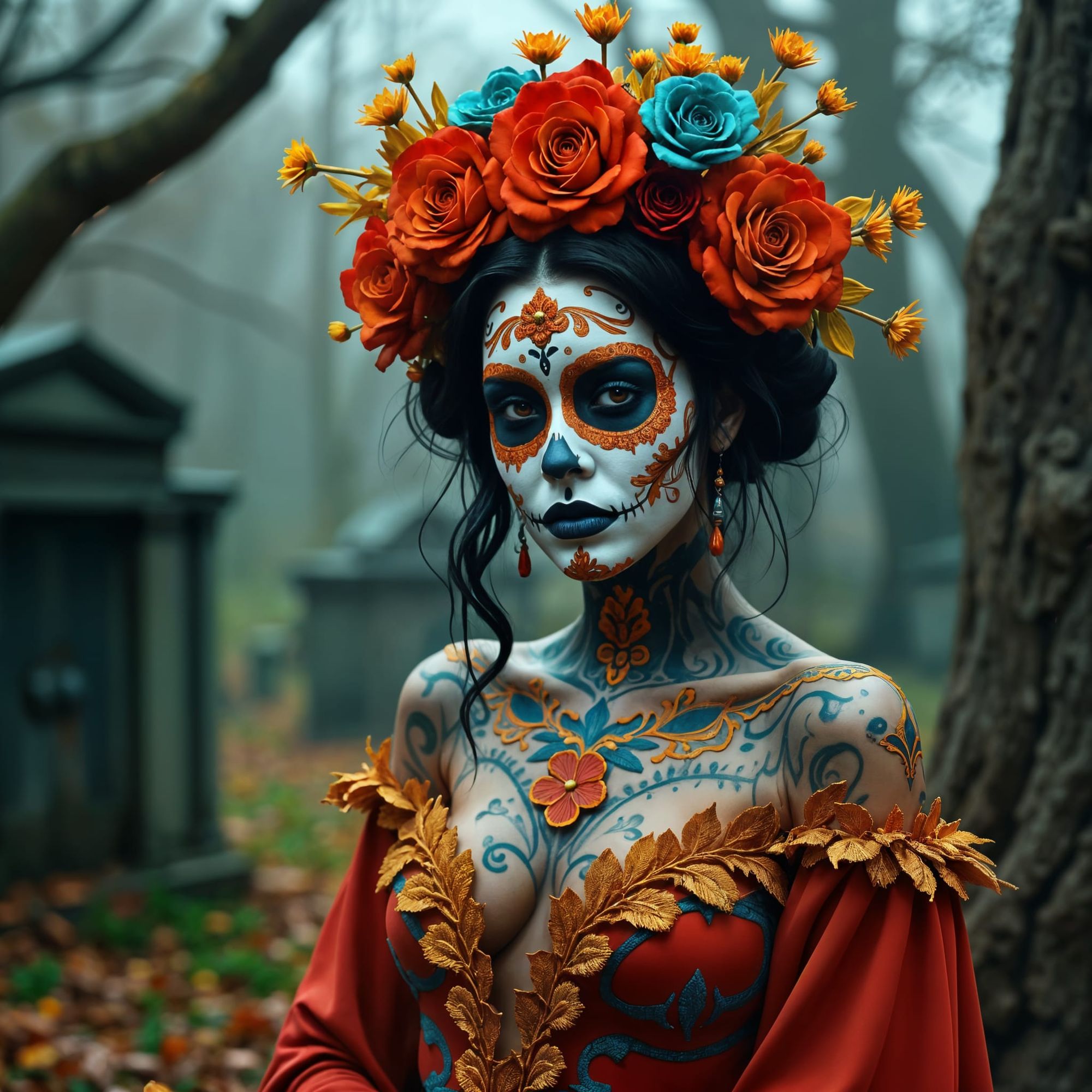 Painting of a beautiful woman wearing colorful Día de los Muertos face paint set in a cemetery 

