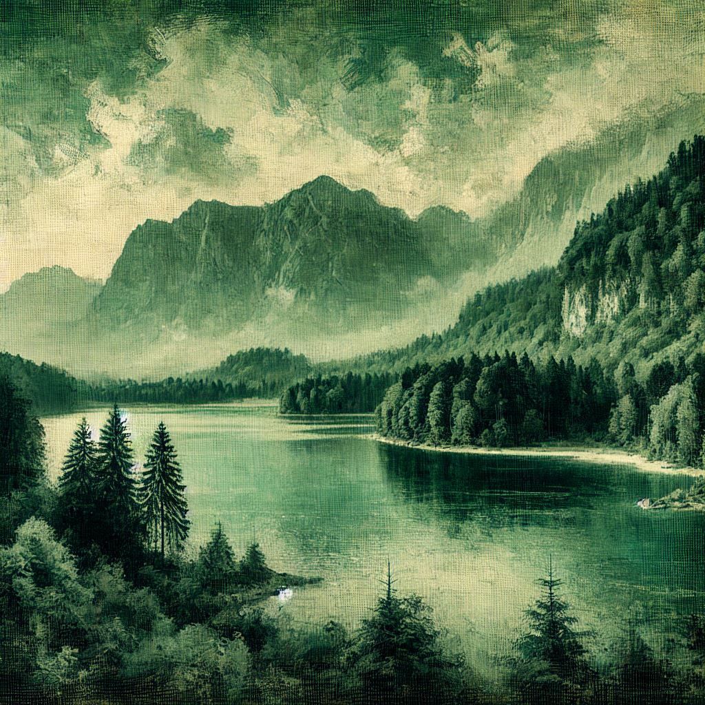 Green monochromatic mountainscape