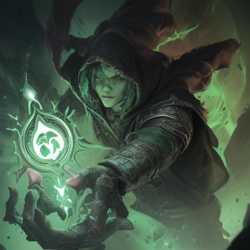male necromancer, hood, green runes