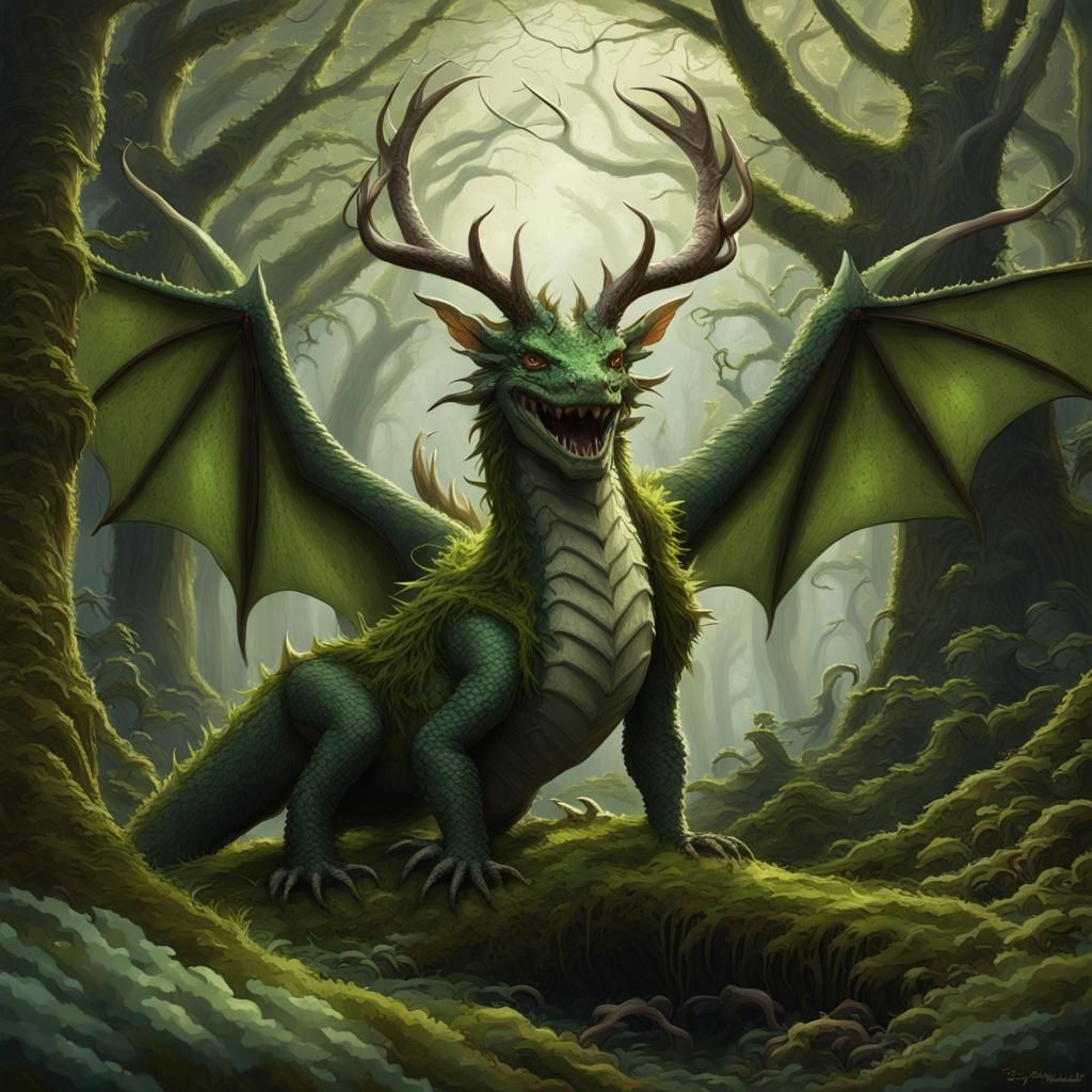 "picture of a wise dragon with large antlers on its head, wr...