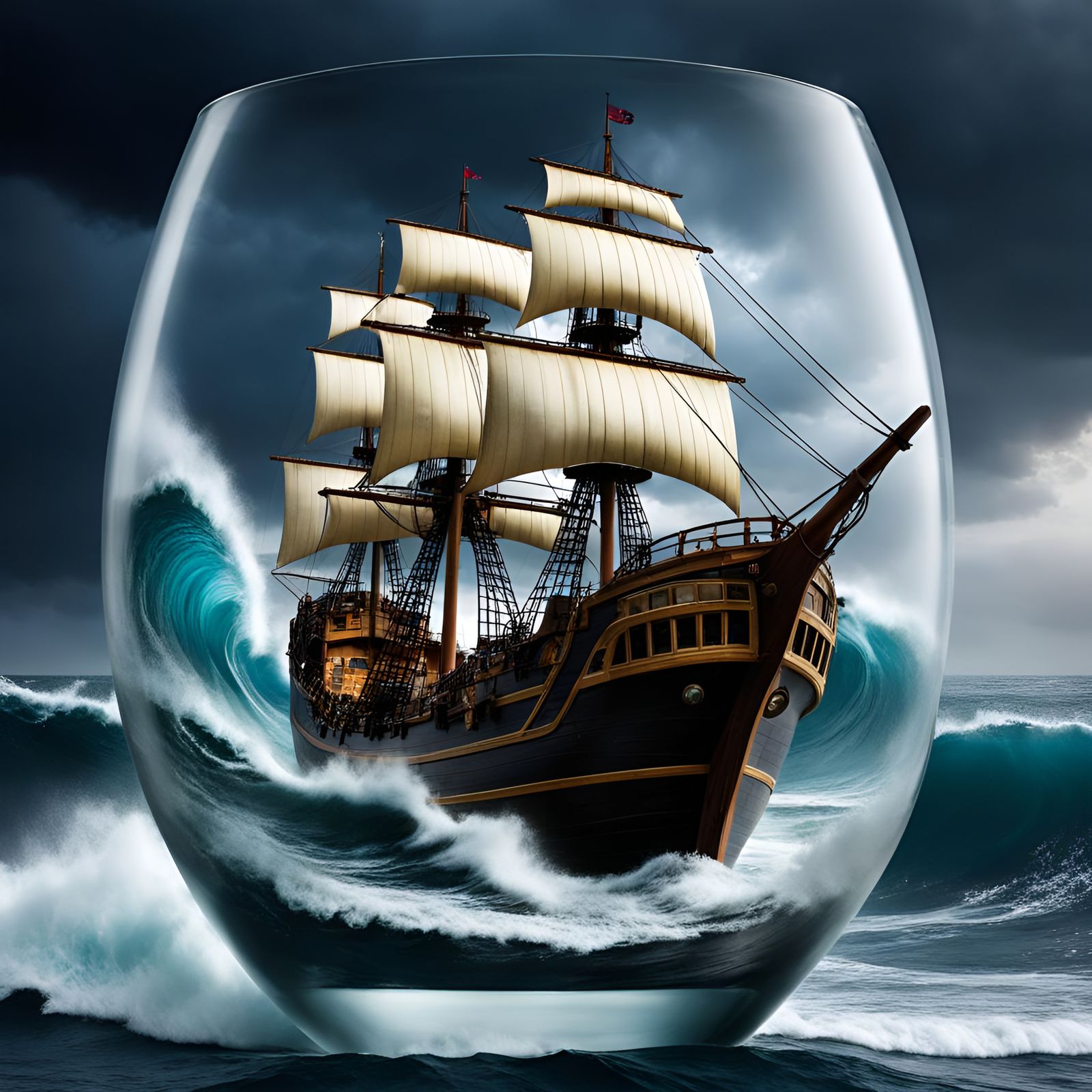 Pirate ship on a sea with waves during a storm inside a glas...