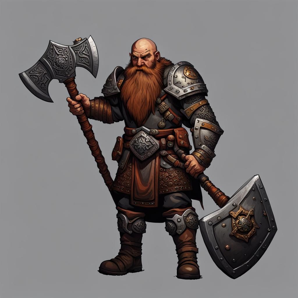 Dwarven fighter with a battleaxe and warhammer