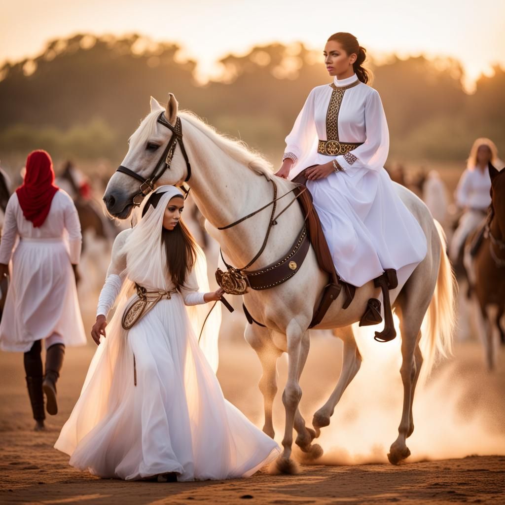 Défilé au Maroc au soleil couchant avec des chevaux qui cour...