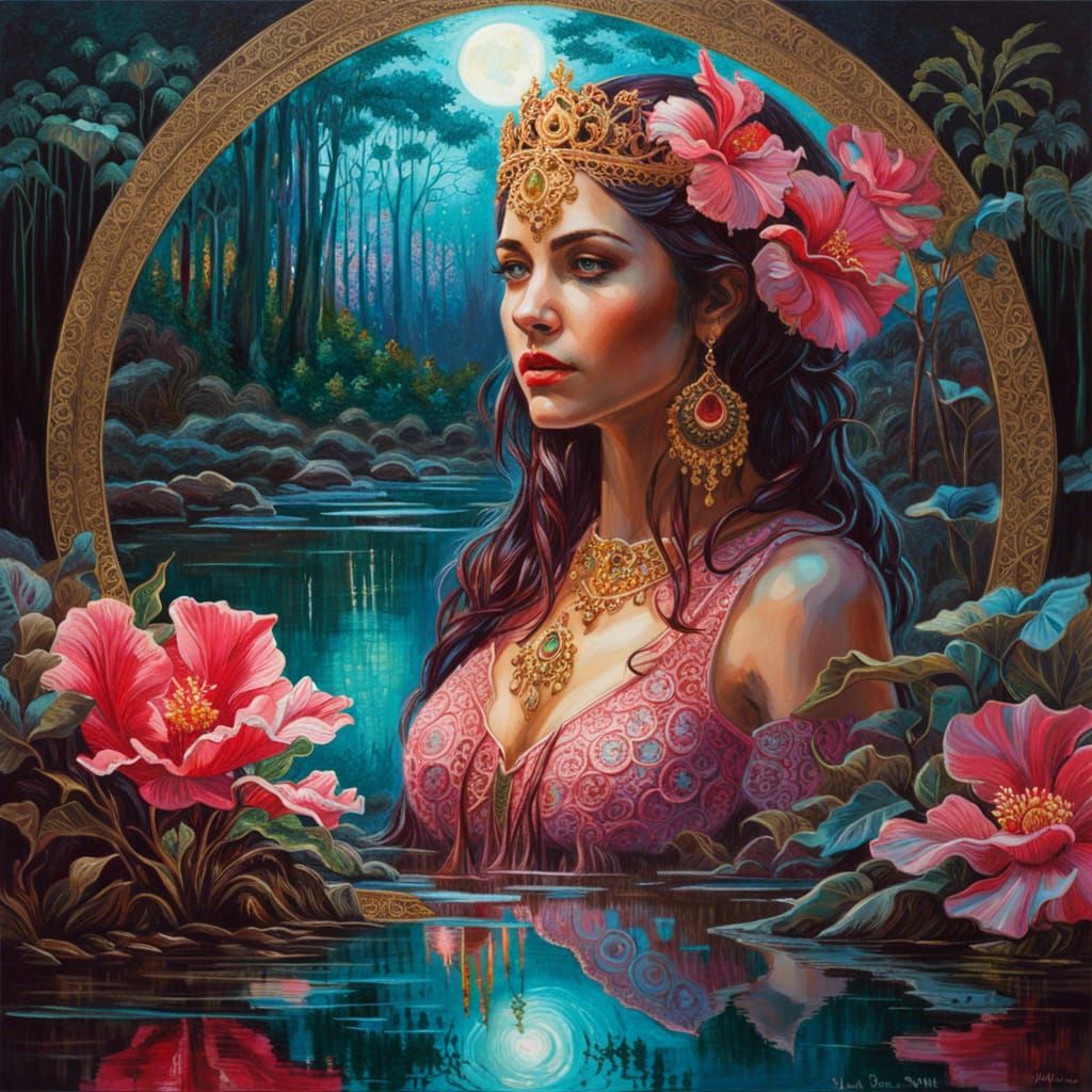 Bioluminescent Moon Goddess in Mirrored Reflection