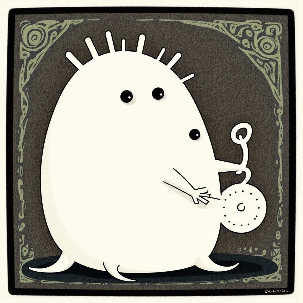 <lora:MOONMOTH SONG:1.0> Cute creature holding a clock