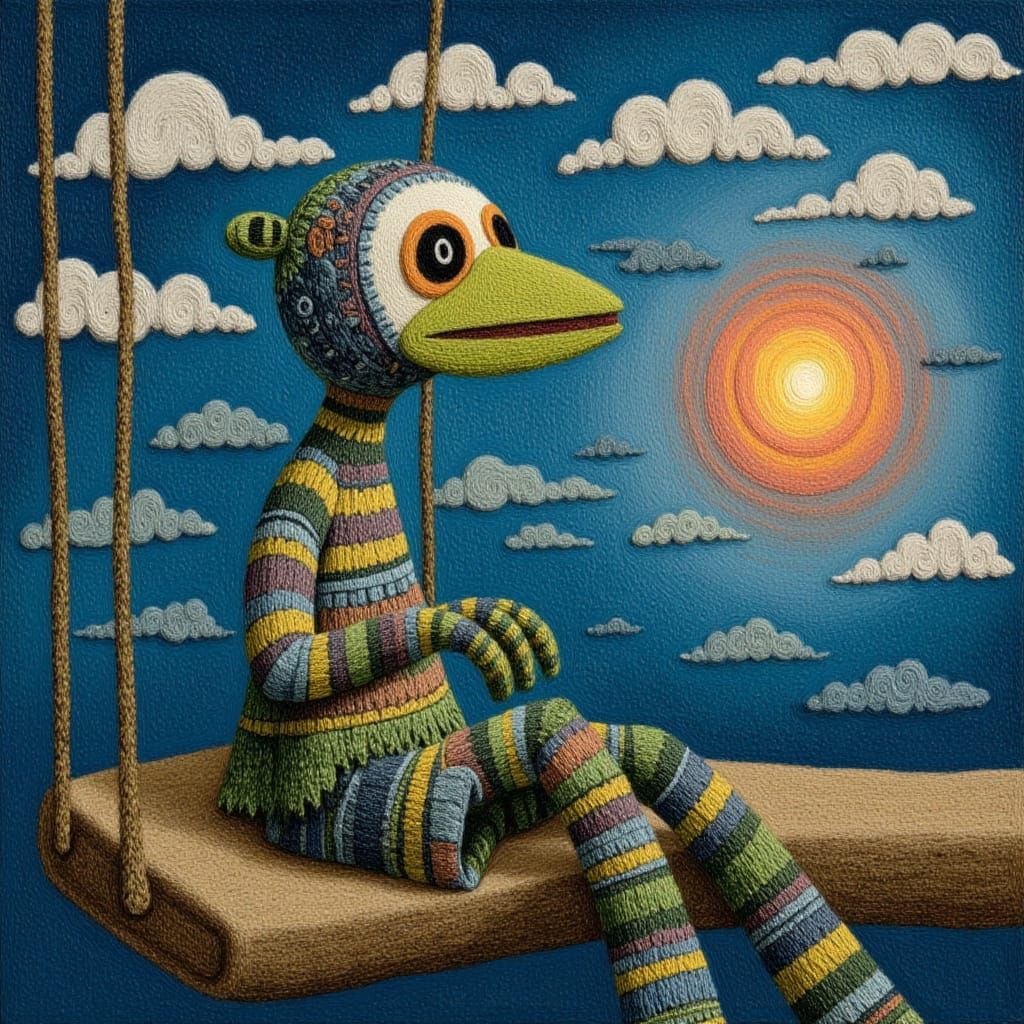 <lora:The Folkdream Set:1.0> A shimmering opal-skinned creature with a beak instead of a mouth and eight blinking eyes sits on a lopsided, ...