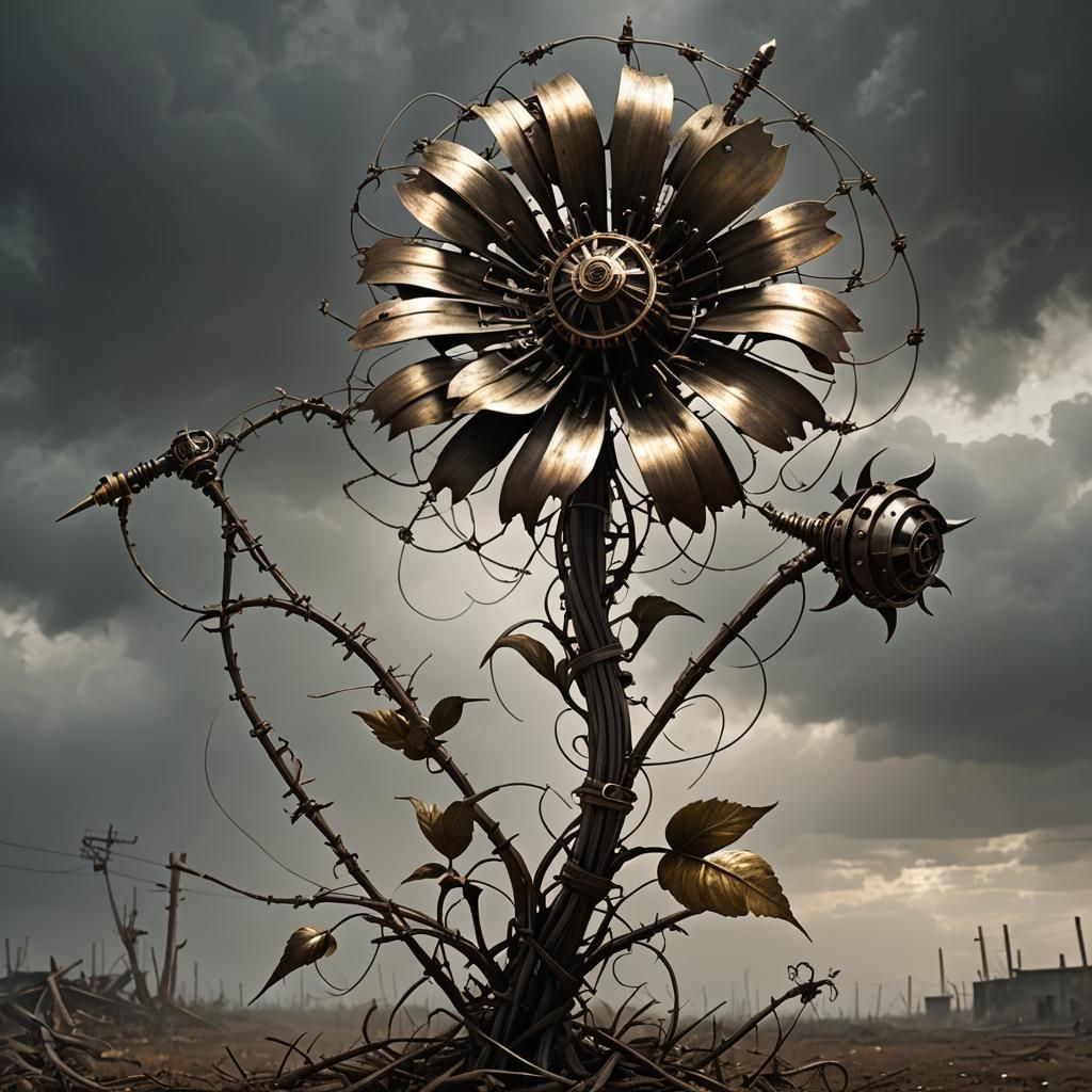 Flower made of metal and barbed wire 
