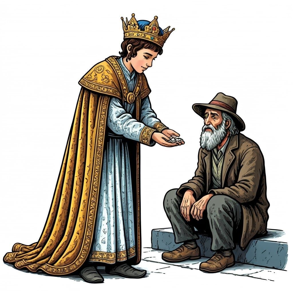 Regal Boy Offers Charity to a Humble Poor Man in a Medieval-...